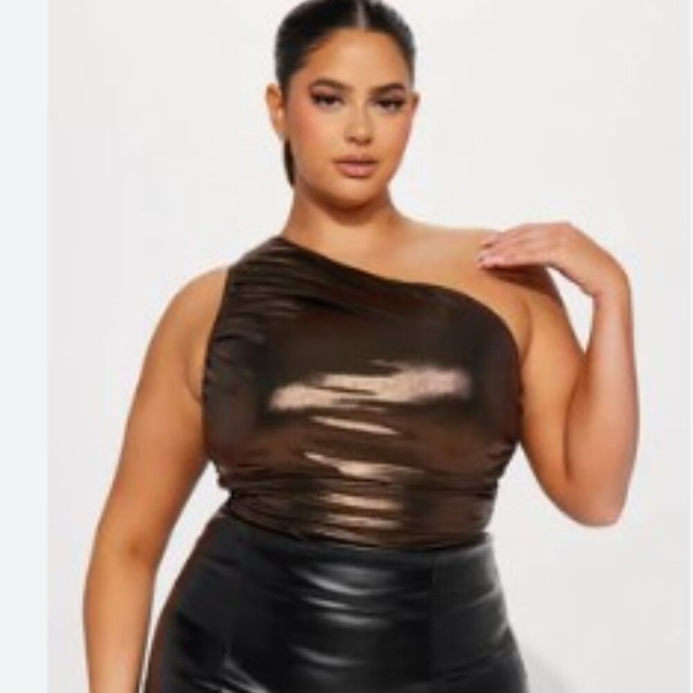 One Shoulder Metallic One-piece Bodysuit -Bronze